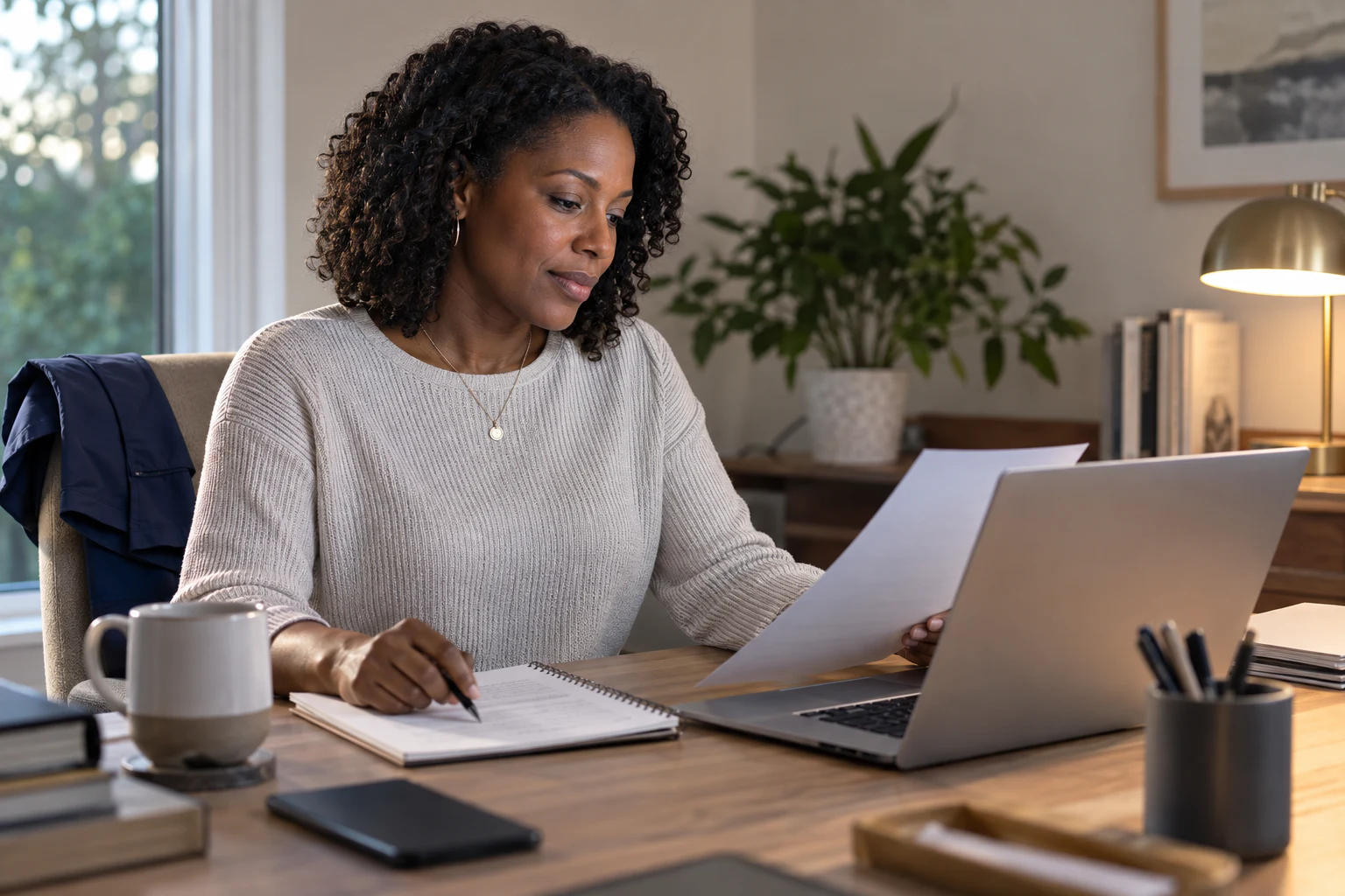 A professional reviews a printed career document at a home-office desk beside a laptop.