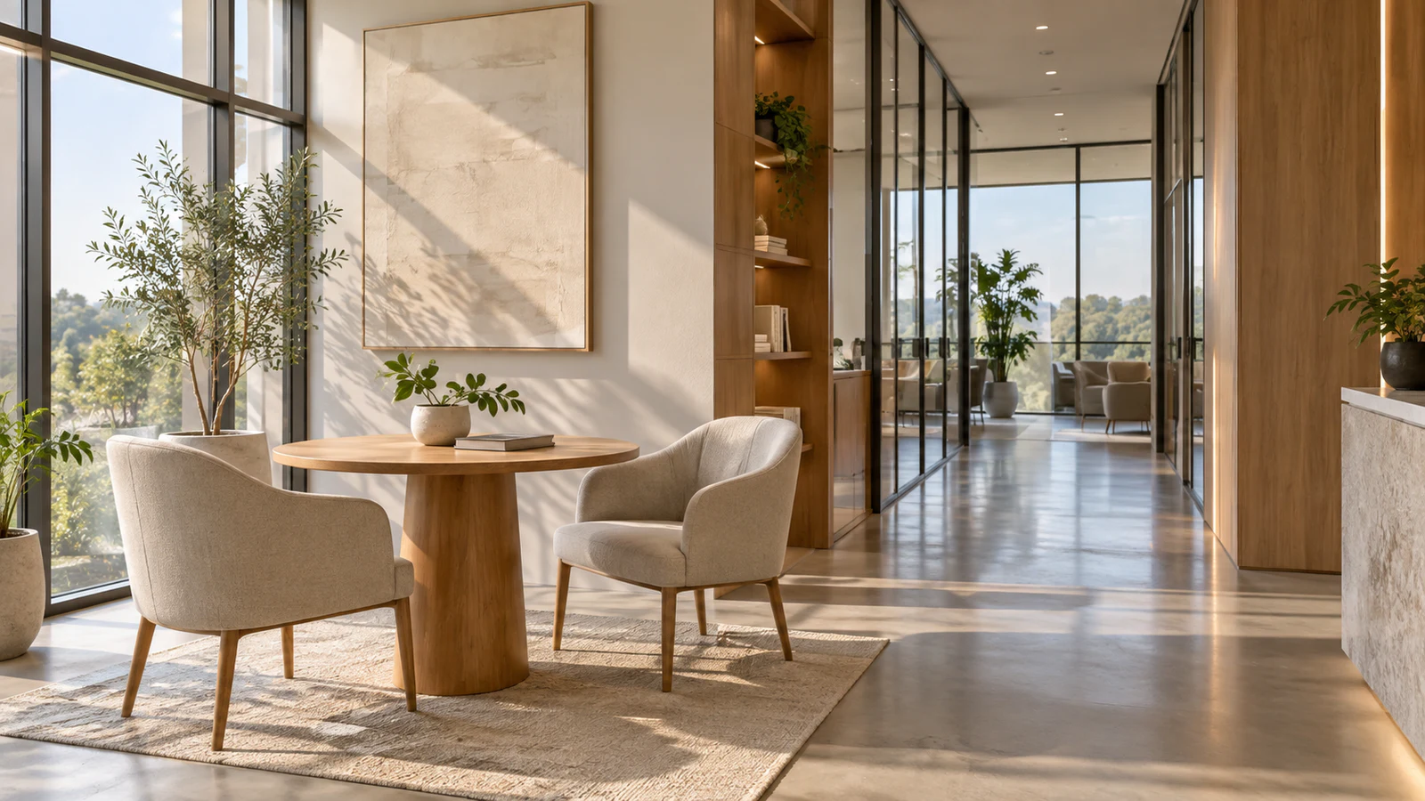 A quiet modern meeting area with two chairs, a round table, glass walls, and warm daylight.