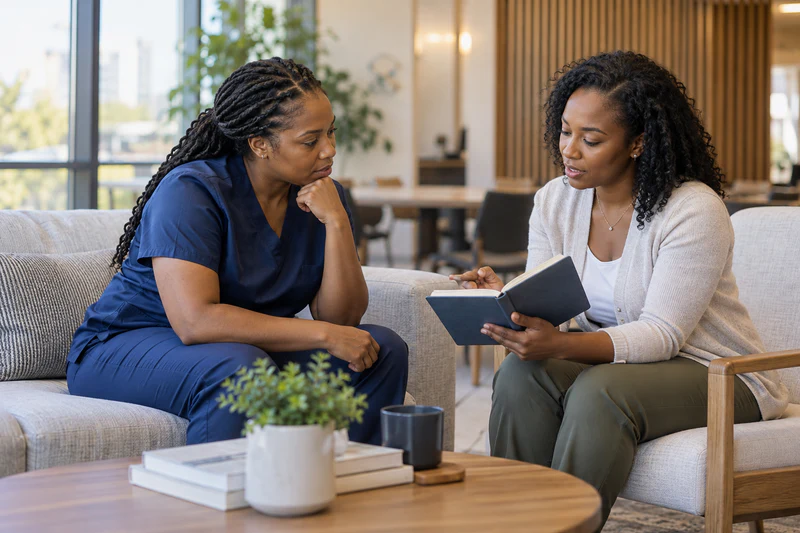Two healthcare professionals review a notebook together during a focused conversation in a modern lounge.