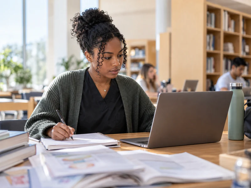 A nursing student writes in a notebook beside a laptop in a bright library.