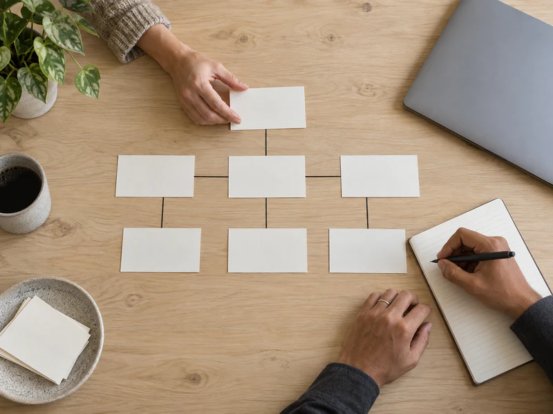 Hands arrange blank workflow cards and write in a notebook on a pale wood table.